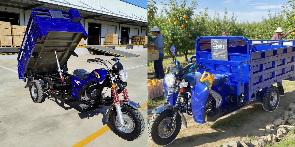 Triciclo agricolo a cassone aperto per il trasporto merci.