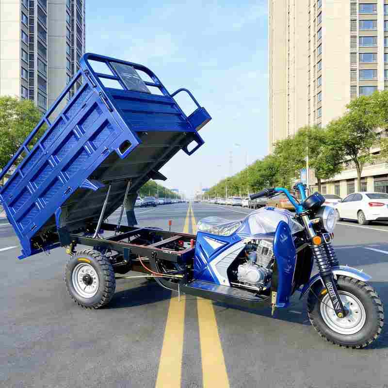 Triciclo da carico a benzina con ampio cassone.