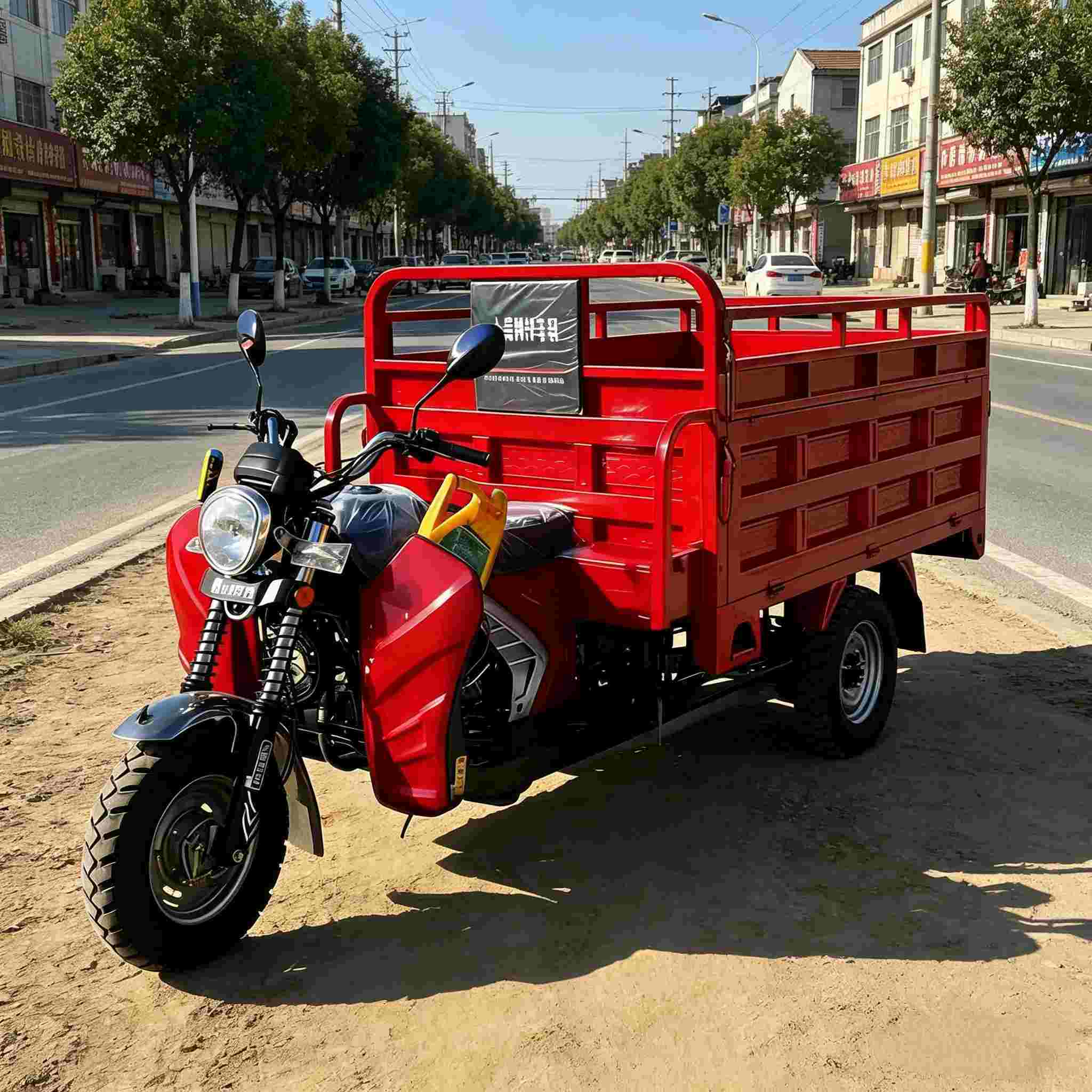 Triciclo de carga a gasolina com grande caixa de carga