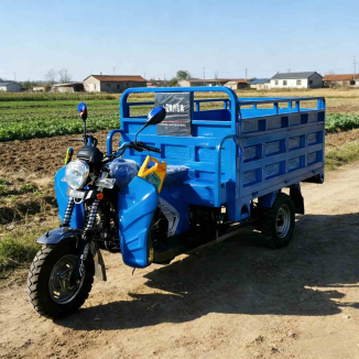 Triciclo agricolo a cassone aperto per il trasporto merci.