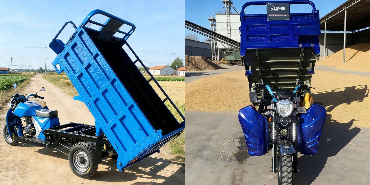 Triciclo agricolo a cassone aperto per il trasporto merci.