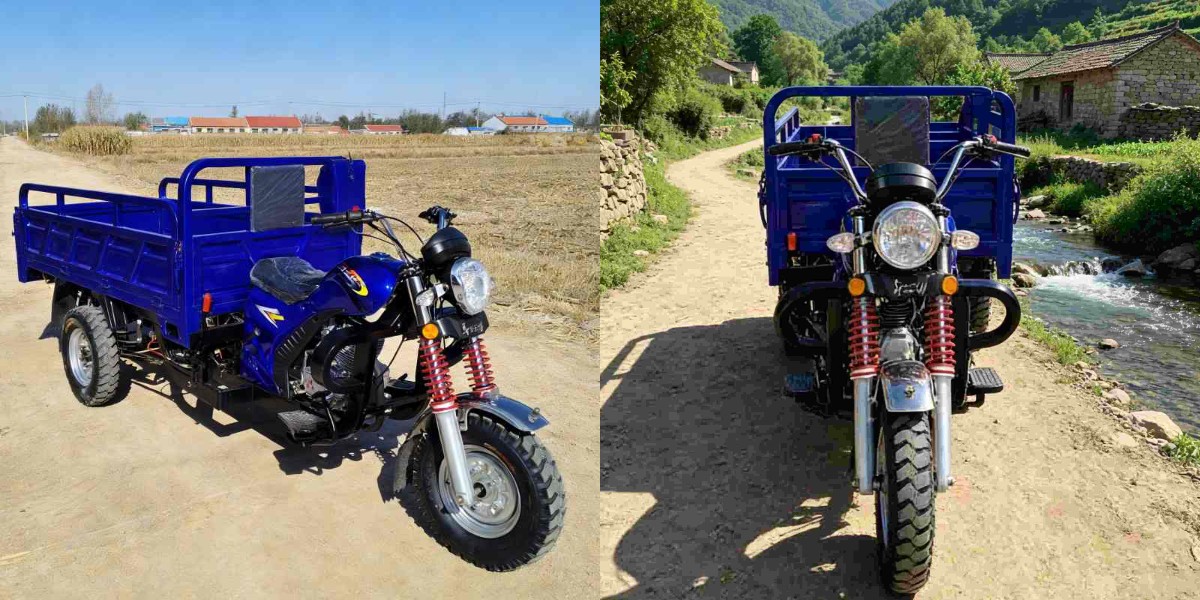 Triciclo agricolo a cassone aperto per il trasporto merci.