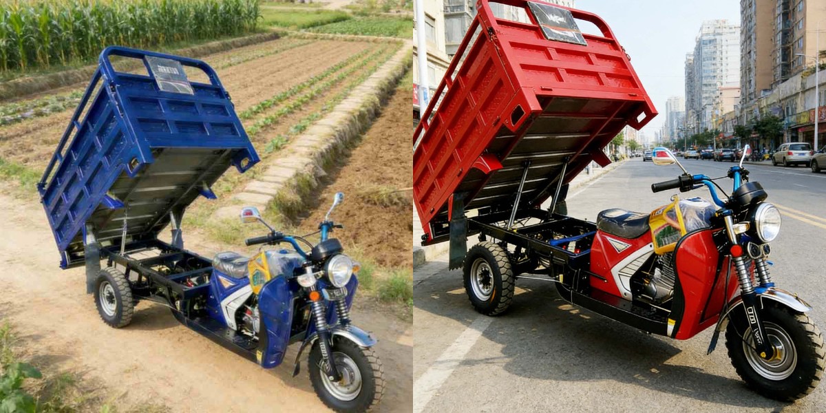 Pengiriman jarak terakhir menggunakan becak berbahan bakar bensin.