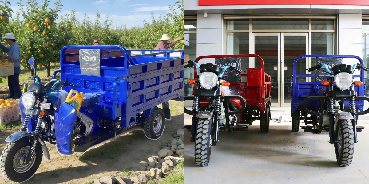 Pengiriman jarak terakhir menggunakan becak berbahan bakar bensin.
